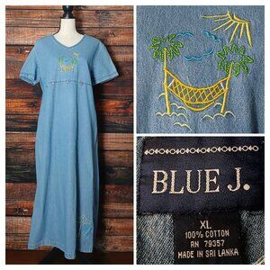 Blue J. Vintage Denim Midi Dress XL Embroidered Beach Scenes Loose Fit Zip Back